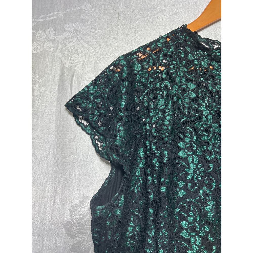 Joe Browns Shift Dress US 20 Black Green Lace Short Sleeve Knee Length Lined - Picture 2 of 11